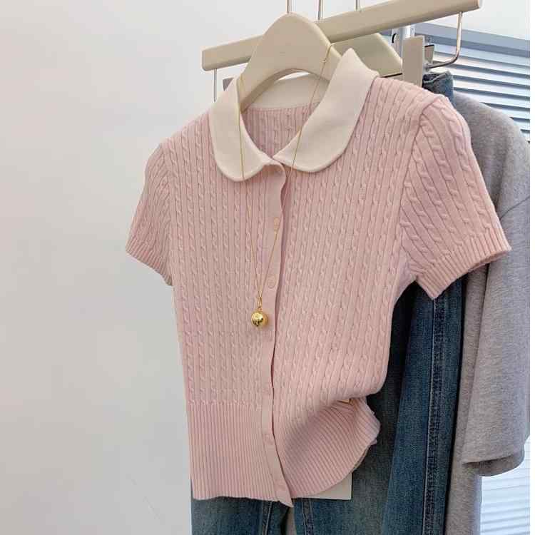 乐天商城 - Tシャツ レディース 小柄 無地 ピンク系 半袖 ニット トップス ポロ 襟 かわいい スリム ショート丈 プリンセス袖 伸縮性 普段使い デート