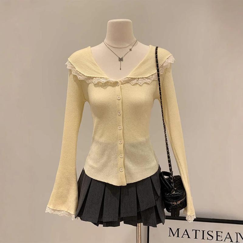 ニット レディース Vネック カーディガン 長袖 レース 切り替え 杏色 レッド ピンク系 グレー ブラック ホワイト 修身効果 細見え 着痩せ 高見え 清楚 上品 かわいい きれいめ 秋冬(4.0)