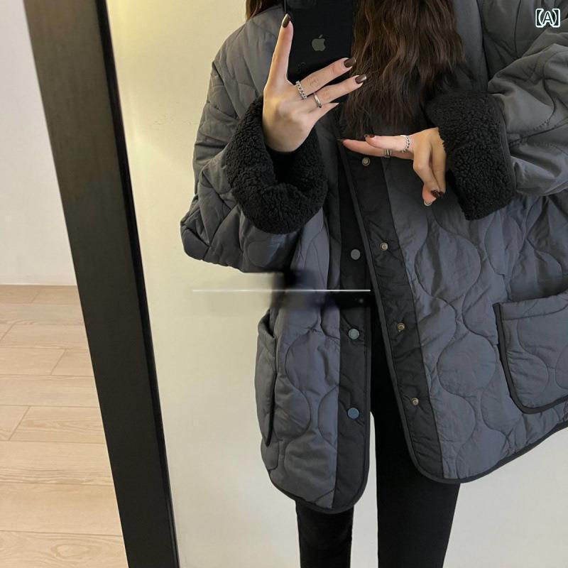 コート レディース 中綿入り 秋冬 韓国風 丸首 配色 厚手 暖かい 防寒 グレー ブラック