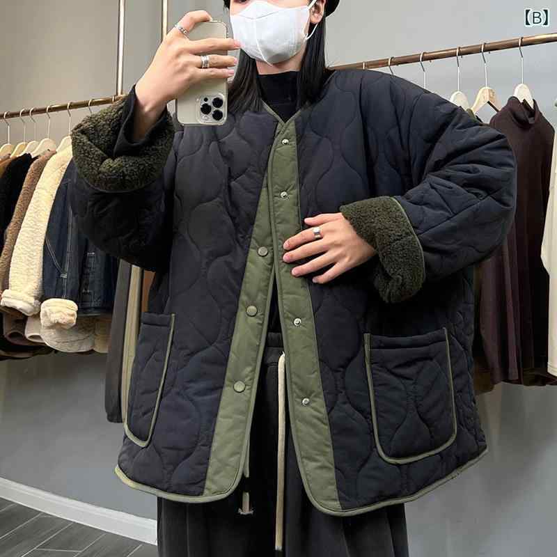 コート レディース 中綿入り 秋冬 韓国風 丸首 配色 厚手 暖かい 防寒 グレー ブラック