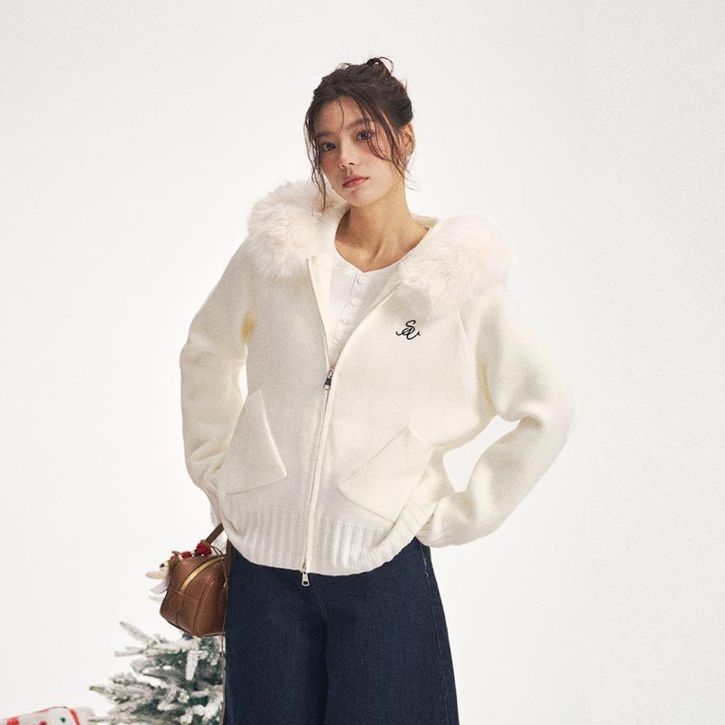 ニット レディース カーディガン 秋冬 長袖 POLO襟 プルオーバー ゆったり かわいい ふわふわ 柔らかい ミルクホワイト