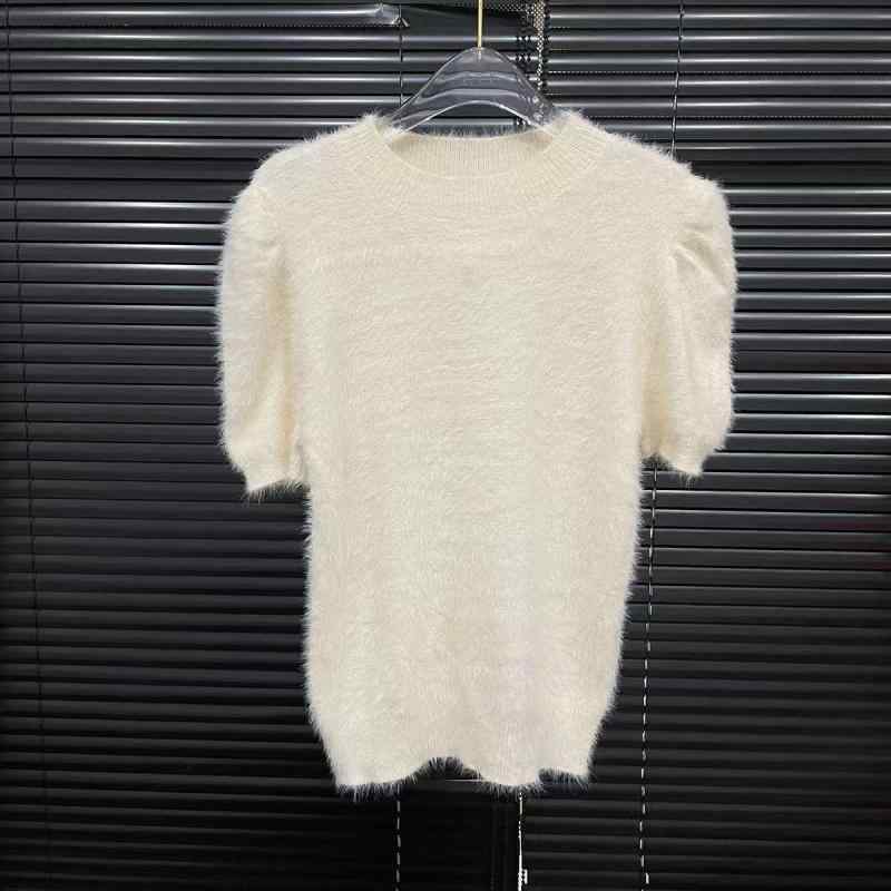 ニット・セーター レディース 3分袖 丸首 コットン プルオーバー ショート丈 ニット 乳白色 無地 春秋 ..