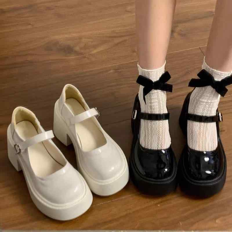 靴 レディース 厚底 マニッシュシューズ ラウンドトゥ メリージェーンシューズ ローファー チャンキーヒール 防水 ベルト スクエアバックル PUレザー 黒 白 春