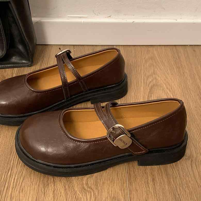 靴 レディース 婦人靴 マリージェーン フラットシューズ ラウンドトゥ ローヒール PUレザー 合成皮革 スリッポン 黒 ブラック 茶色 ブラウン 春夏 秋 通勤 普段使い かわいい レトロ(4.0)