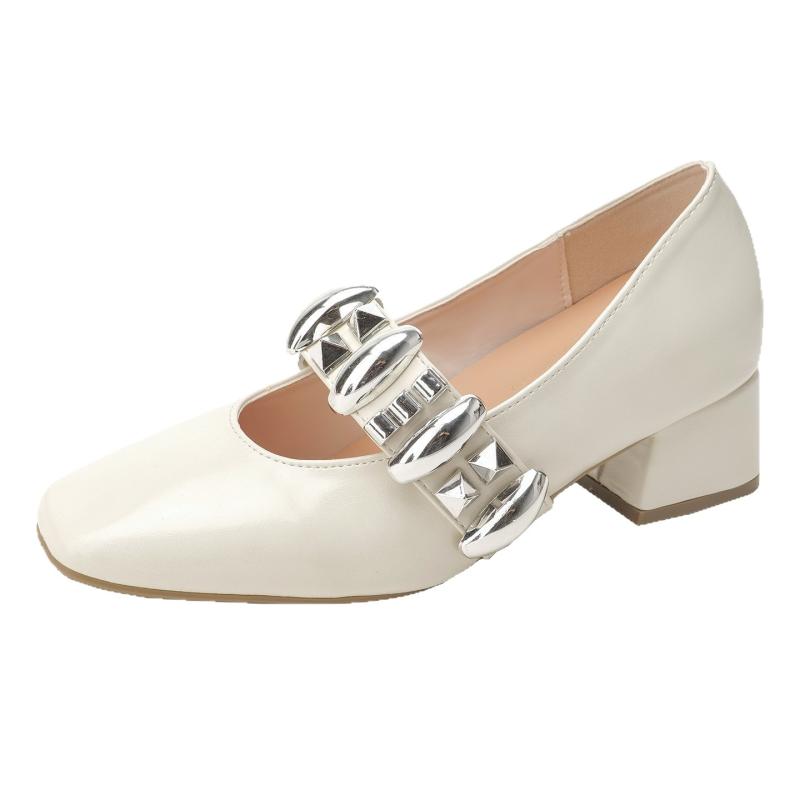 パンプス レディース 内ヒール 5cm レザー メリージェーン スクエアトゥ スリッポン ラインストーン 飾..