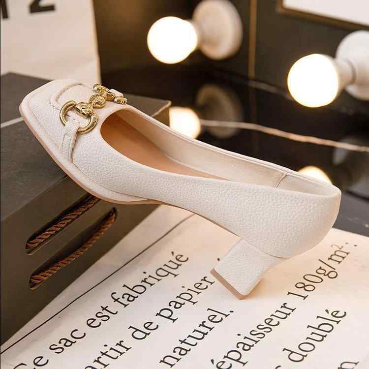 Women'S Shoes - パンプス レディース マリージェーンシューズ 太ヒール スクエアトゥ 無地 スリッポン ミドルヒール フェイクレザー 合成皮革 ブラック 黒 アイボリー 緑 OL 通勤 きれいめ 上品 かわいい 春夏 秋冬