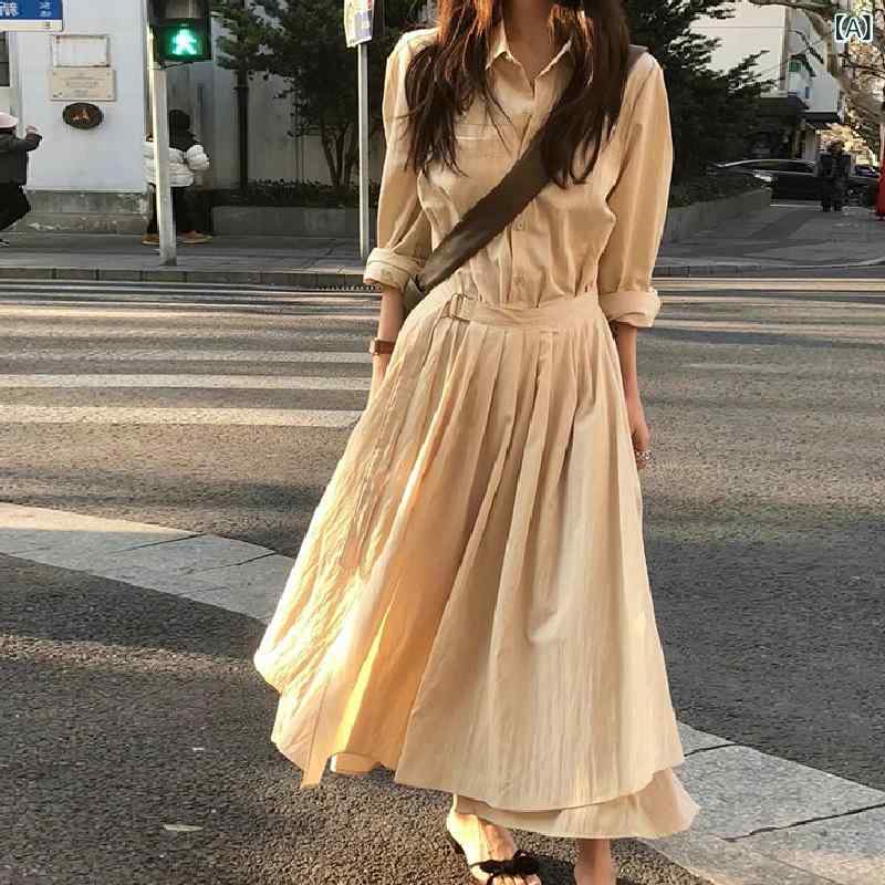 ・スタイル: 日韓カジュアル・主な素材: ナイロン・柄: 無地・加工: しわ加工・カテゴリ: シャツワンピース・組み合わせ: 単品・丈: ロング丈・スカートシルエット: Aライン・ネックライン: 襟付き・袖丈: 長袖・ウエスト: ハイウエスト・流行要素: ボタン・カラー展開: ベージュ、ホワイト、ダークネイビー・サイズ展開: フリーサイズ