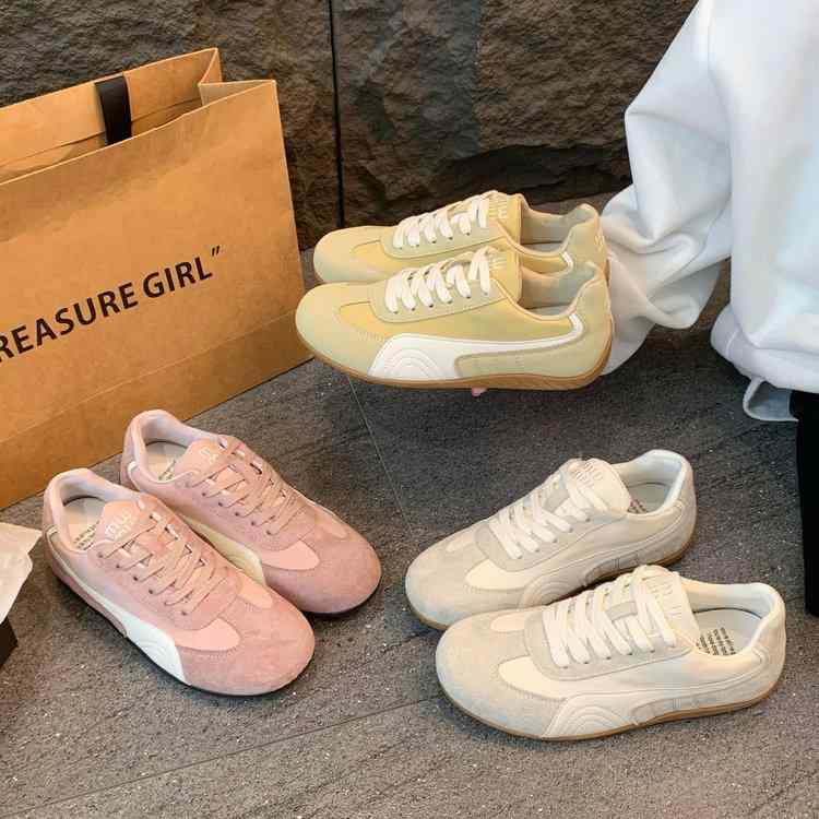 スニーカー レディース ローカット 紐靴 運動靴 フラットソール ぺたんこ靴 婦人靴 カジュアル かわいい 春夏 イエロー ピンク系 ベー..