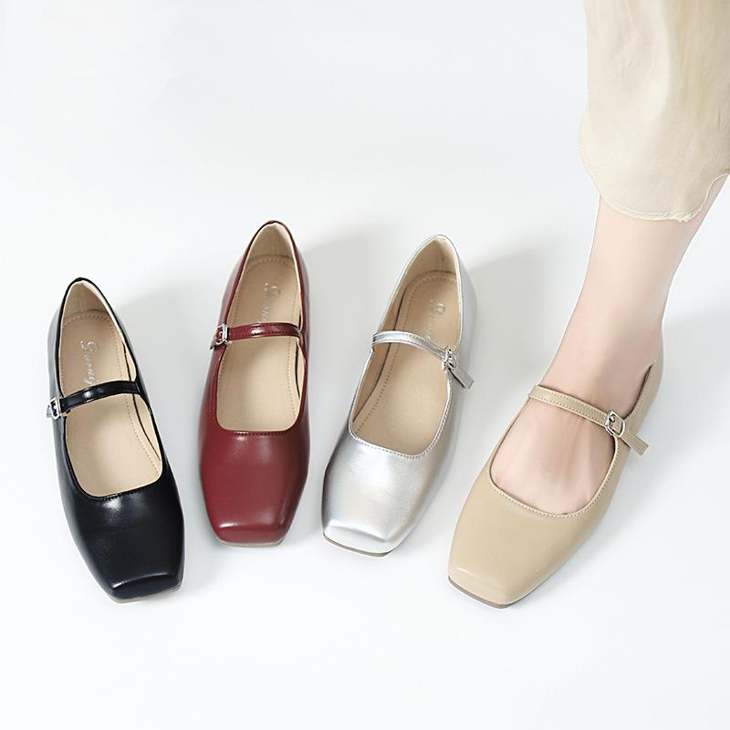 マリージェーン レディース パンプス ストラップ スクエアトゥ フラット ローヒール 超繊維 杏色 黒 赤 シルバー ゴールド 春秋 デイリー 普段使い かわいい 韓国版 大きいサイズ