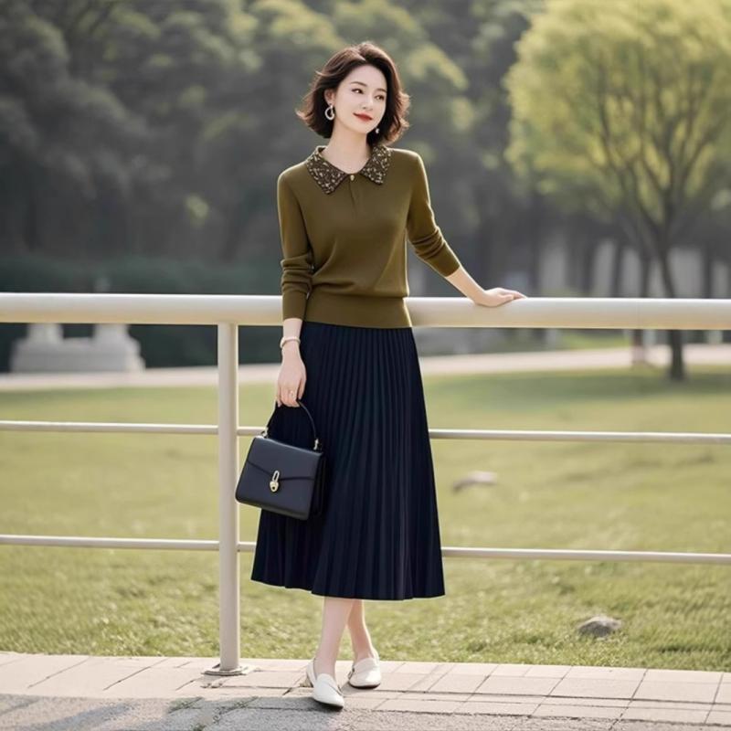 ニットセットアップ レディース 長袖ニット トップス ミディ丈スカート 膝丈スカート 配色 春秋 かわいい カジュアル 韓国風