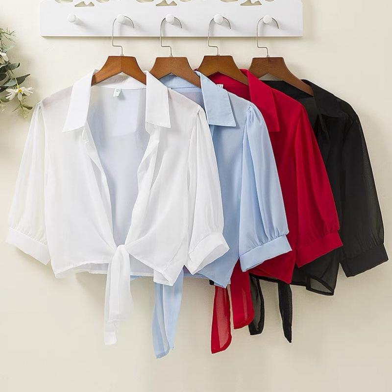 シャツ レディース 春夏 薄手 シフォン カーディガン トップス 半袖 ショート丈 ブラウス 冷房対策 UVカット 紫外線対策 羽織り 白 ホワイト 青 ブルー