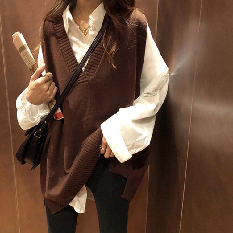 ニットベスト レディース 韓国風 Vネック 無地 ゆったり かわいい ノースリーブ セーター トップス プルオーバー カフェ色 ブラック アイボリー カーキ色 グレー 秋冬