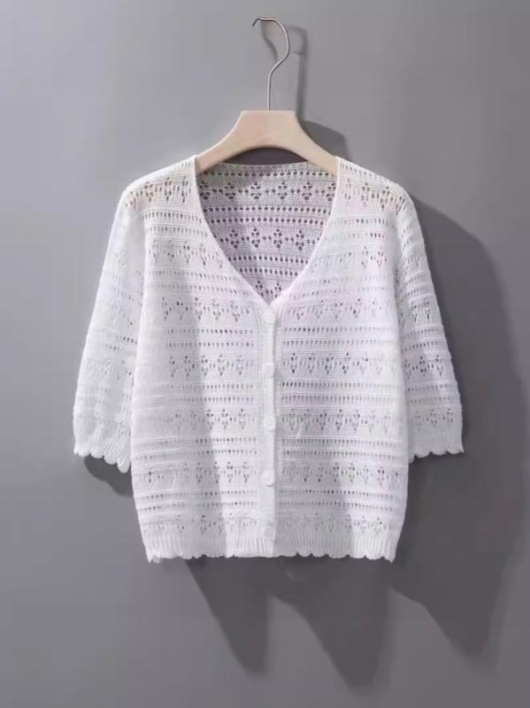 カーディガン レディース 薄手 ニット 接触冷感 ポリエステルトップス Vネック 五分袖 波点柄 冷房対策..