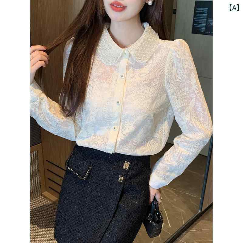 シャツ レディース 春夏 娃娃襟 かぎ針編み風 レース 長袖 トップス 杏色 通勤 きれいめ 清楚系 かわいい ポリエステル アクリル