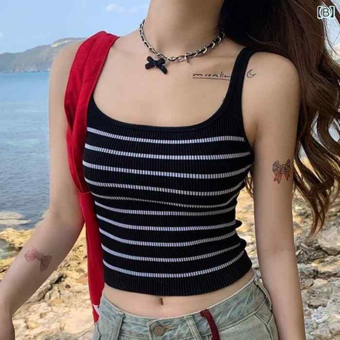 タンクトップ レディース ボーダー柄 ポリエステル混紡 ノースリーブ トップス インナーウェア カットソー ホワイト ブラック系 御姐風 きれいめ 上品 カジュアル