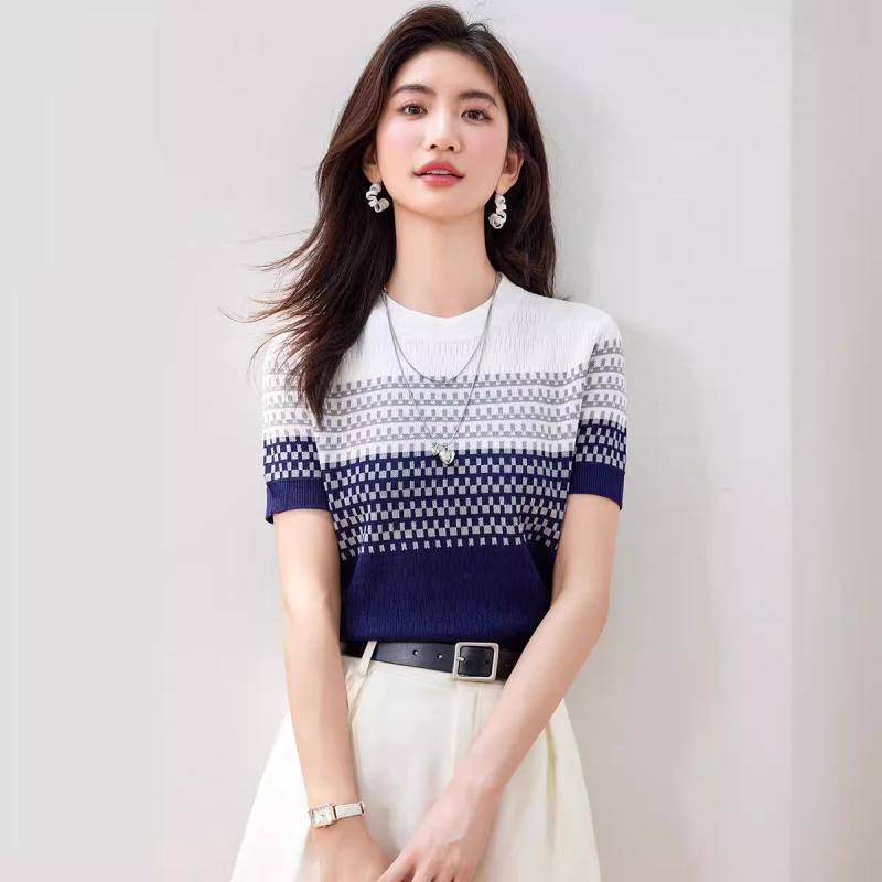 Tシャツ レディース グラデーション ストライプ柄 半袖 ニット トップス プルオーバー 接触冷感 ゆったり ラウンドネック ブルー 春夏
