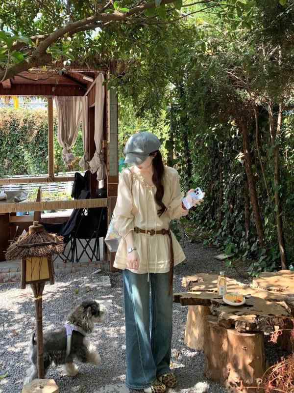 セットアップ レディース 2点セット ブラウス シャツ デニムパンツ ジーンズ 韓国風 ギャザーネック フリルネック 長袖 普段使い 春夏