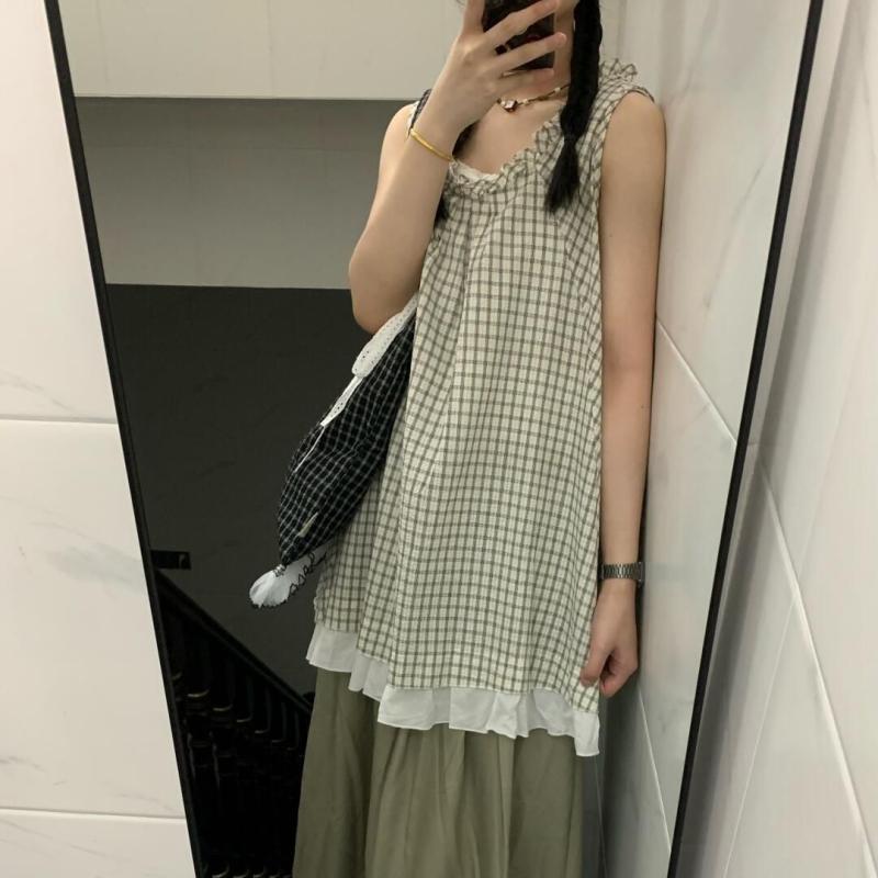 セットアップ レディース 韓国風 レトロ チェック柄 ノースリーブ トップス ワイドレッグパンツ 上下 2点セット ポリエステル TR面料 ゆったり 私服 普段着