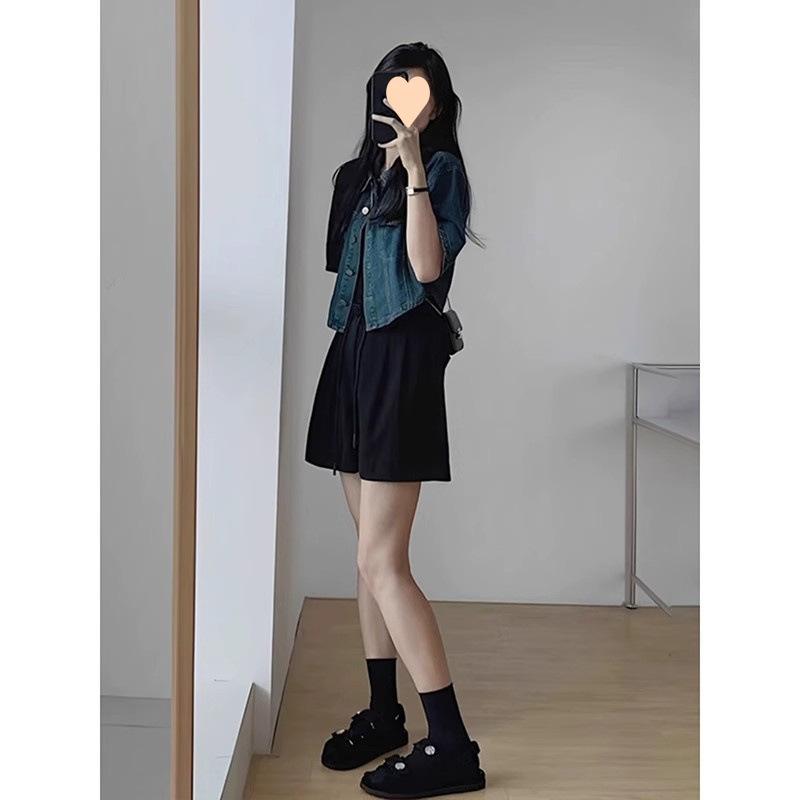 セットアップ レディース デニム ジャケット ＆ ブラック ショートパンツ カジュアルスタイル 綿混紡 飛飛袖 長袖 トップス パンツ 上下セット