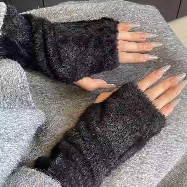 手袋 レディース 秋冬 防寒 グローブ ミトン かわいい 暖かい ぬいぐるみ風 ウサギ 毛 漏れ指 白 黒 ピンク