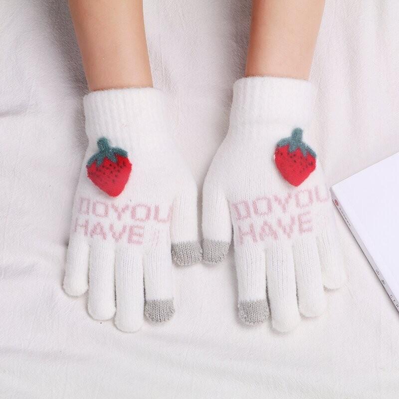 手袋 レディース ニット カートゥーン ストロベリー ぬいぐるみ 秋冬 防寒 接触スクリーン タッチパネル 学生 かわいい ガーリー 通学 ホワイト ベージュ ブラック ピンク パープル