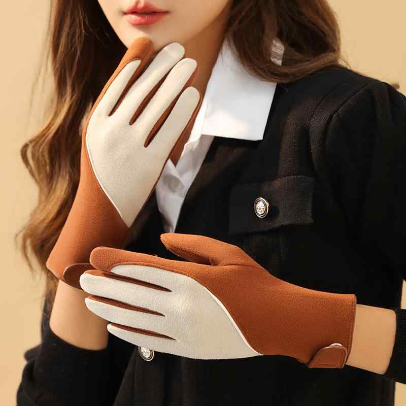 手袋 レディース 女性用 秋冬 スマートフォン対応 手袋 5本指 配色 デル絨 裏起毛 あったか グローブ 防寒 灰色 カーキ色 ピンク系 茶色 黒色