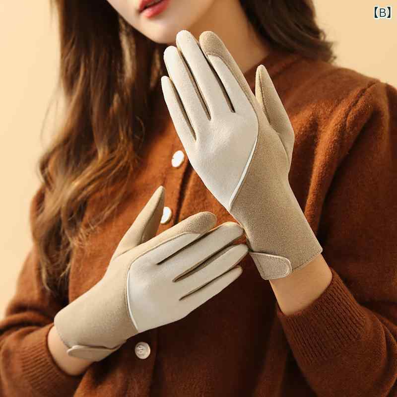 シャドーテールの手袋 レディース 女性用 秋冬 スマートフォン対応 手袋 5本指 配色 デル絨 裏起毛 あったか グローブ 防寒 灰色 カーキ色 ピンク系 茶色 黒色｜アングル3