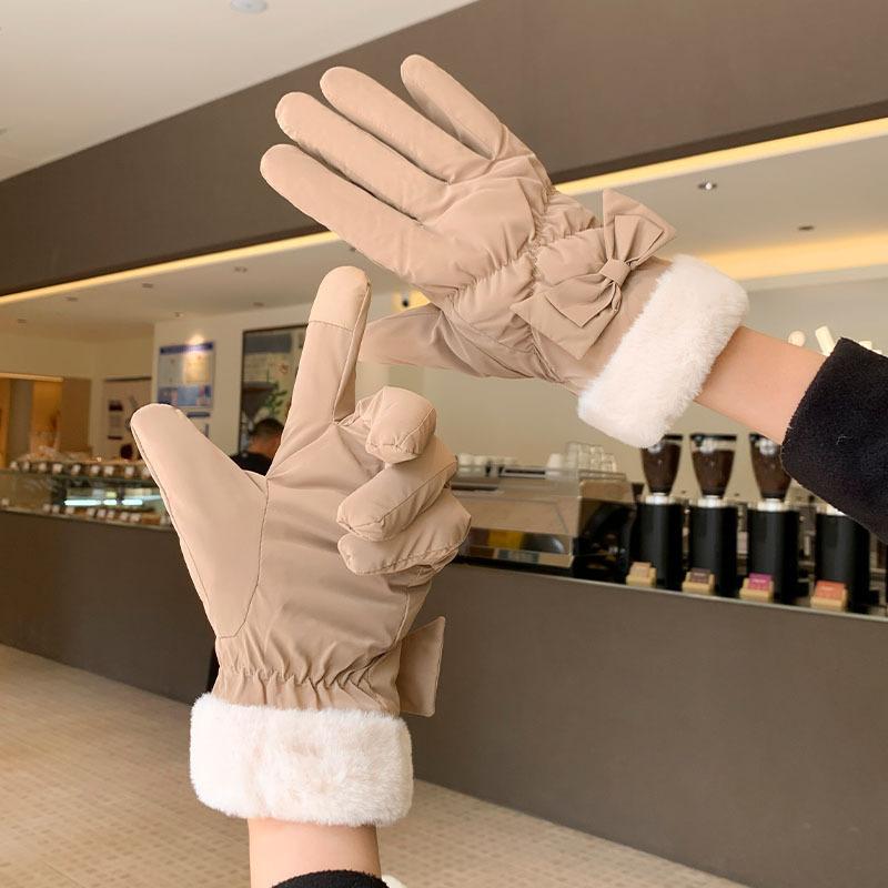 其它 - 手袋 レディース 防寒 グローブ 秋冬 防水 厚手 裏起毛 スマートフォン対応 蝶結び スキー 自転車 バイク ベージュ ブラック グレー パープル ピンク