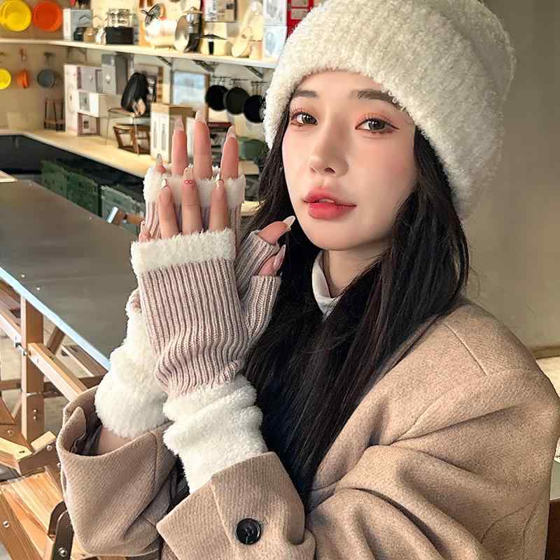 手袋 レディース 秋冬 ニット手袋 指なし グローブ 防寒 スマートフォン対応 ベージュ レッド グレー