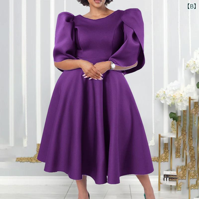 ワンピース レディース Aライン 高腰 パーティードレス イブニングドレス フォーマルドレス ポリエステル 無地 ラウンドネック 五分袖 ミドル丈 プリーツ エレガント 深緑 紫 青