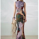 チャイナドレス レディース プリント 魚の尾 背心 ワンピース ポリエステル 切り替え 春夏 パープル ブラック ベージュ ブラウン M L XL エレガント