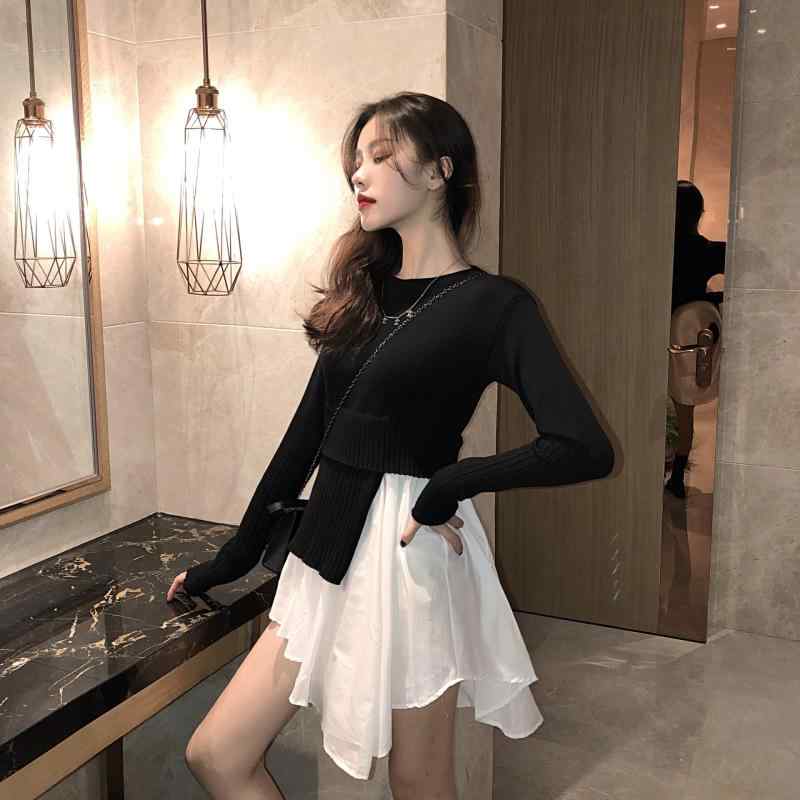 ワンピース レディース 長袖 ニット 切り替え 不規則 高見え ポリエステル アクリル 混紡 ブラック フリーサイズ きれいめ 通勤 秋冬