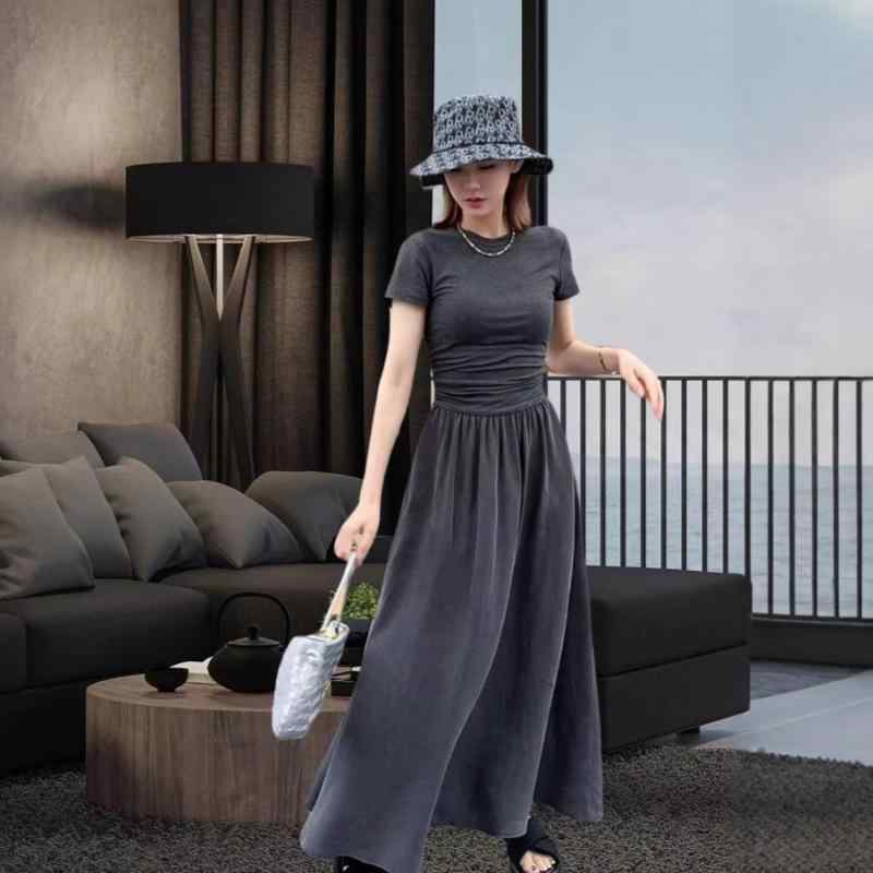 ワンピース レディース 半袖 コットン 切り替え ロング 深グレー M Lサイズ展開 文芸 レトロ 法式 スタイル