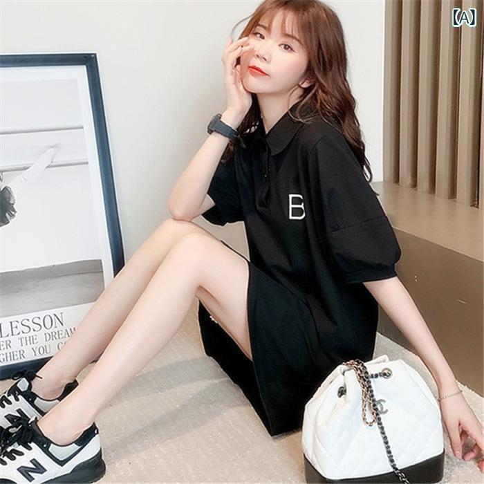 Tシャツ レディース ワンピース 膝丈 Aライン 半袖 襟付き ポリエステル プリント 黒 赤