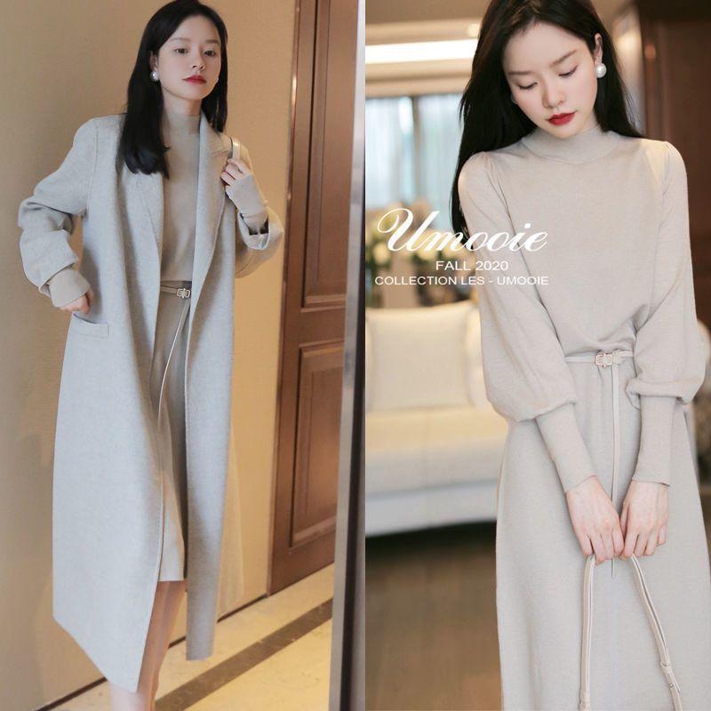 ワンピース レディース A字スカート ニットワンピース 長袖 ミモレ丈ワンピース 無地 ハイウエスト 切り替えデザイン ゆったり 体型カ..