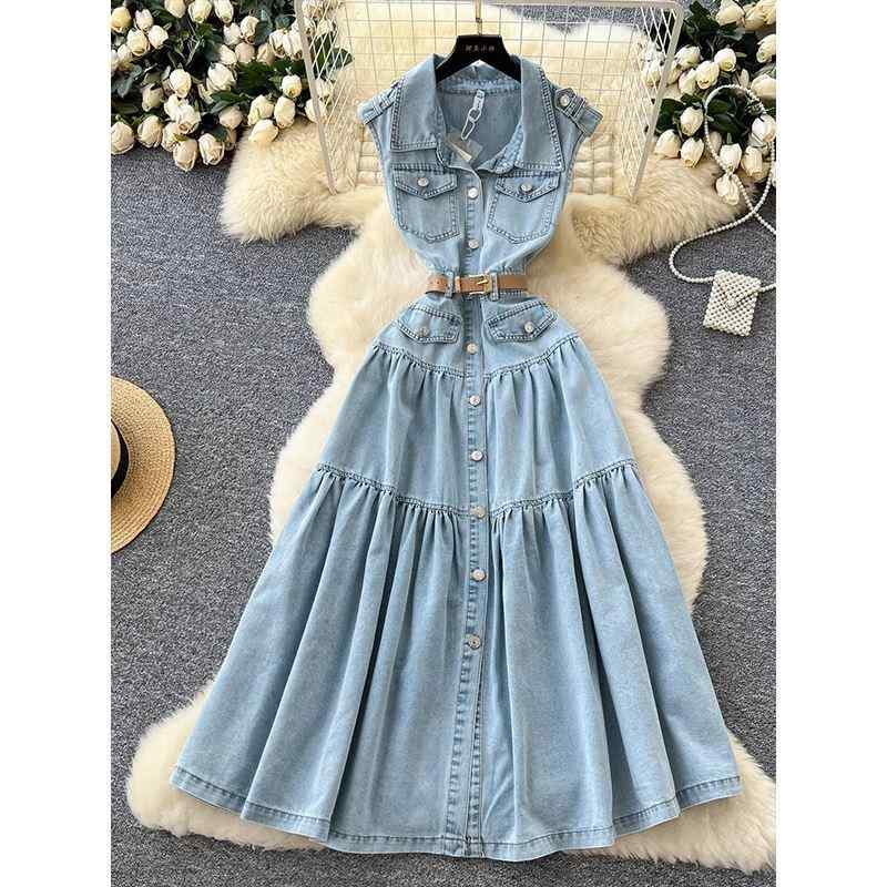 ワンピース レディース デニム ノースリーブ Aライン ロングワンピース ブルー 無地 襟付き 高見え 高見えデザイン 私服名媛風