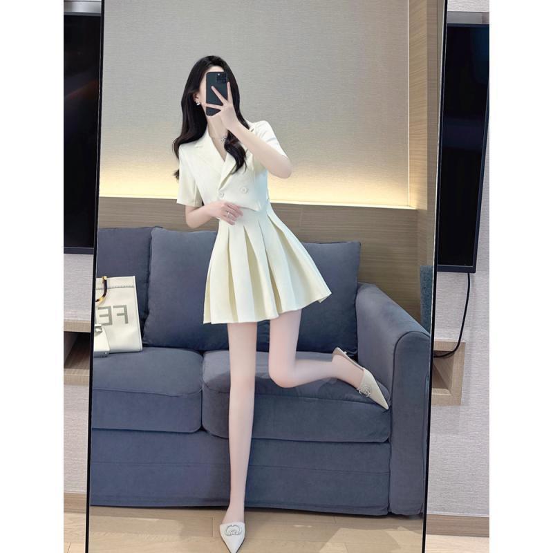 ワンピース レディース サマースーツ風ワンピース 半袖 膝上丈 Aライン ウエストマーク 無地 きれいめ かわいい おしゃれ お呼ばれ 二..