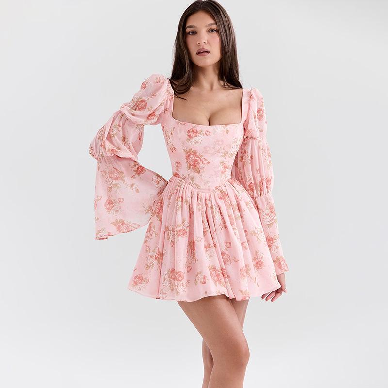 ワンピース レディース バラ柄 花柄 Aライン 長袖 膝上丈 ポリエステル 20代 30代 エレガント フェミニン かわいい ピンク系 春秋