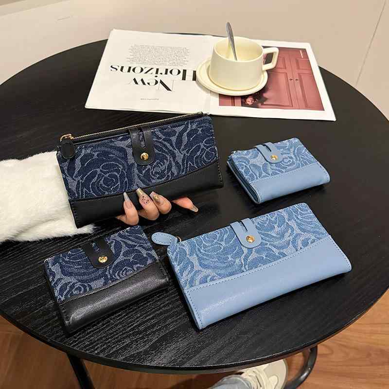 財布 レディース 短財布 デニム柄 ウォレット 多機能 カード入れ 大容量 二つ折り 学生 女性 婦人 ミニ財布 コインケース ブラック ブルー(4.0)