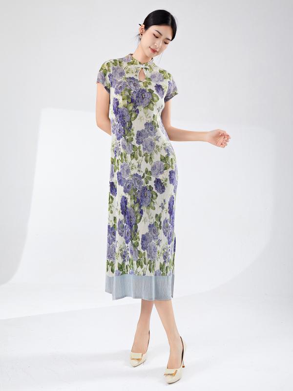 ワンピース レディース 新中式 A字裙 ポリエステル 花柄プリント レトロ チャイナドレス 半袖 ミドル丈 立襟 ハイウエスト パープル ピンク系 エレガント