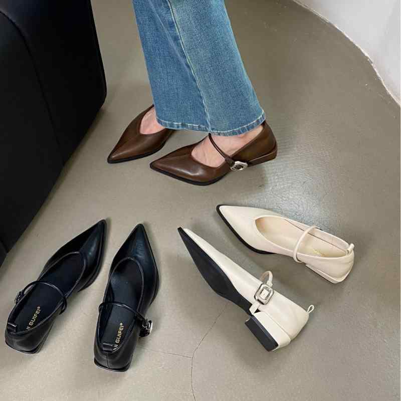 パンプス レディース マリージェーンシューズ ストラップ チャンキーヒール ポインテッドトゥ 無地 超繊維 春夏 秋冬 ブラック ブラウン ベージュ カジュアル きれいめ