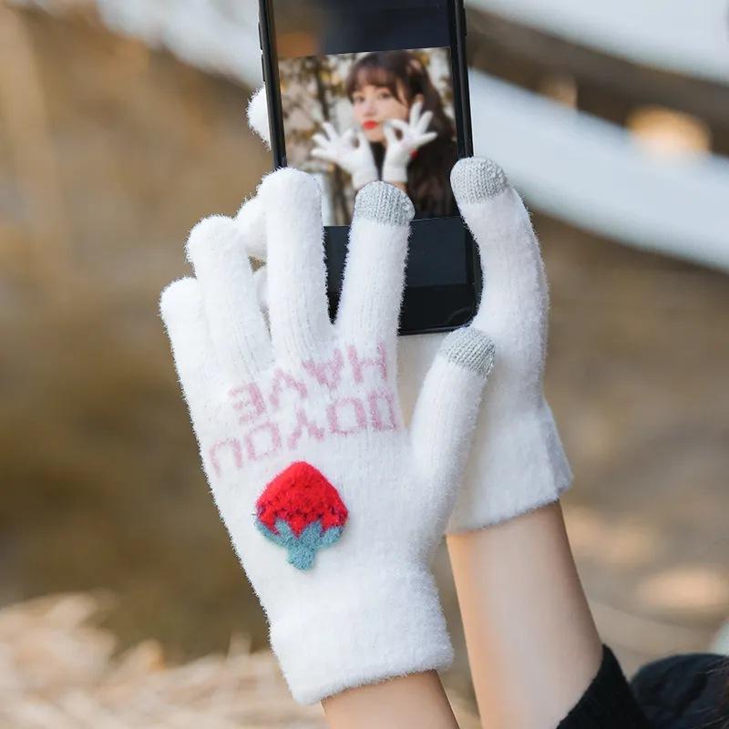 手袋 レディース かわいい イチゴ柄 ニット手袋 スマートフォン対応 防寒 防風 秋冬 ホワイト ベージュ ピンク グレー ブラック(4)