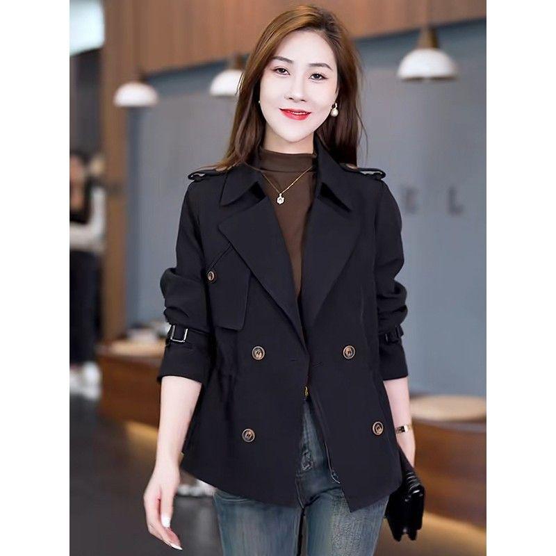 トレンチコート レディース 春秋 ポリエステル ダブルブレスト 膝上丈 ゆったり 通勤 無地 ブラック カーキ