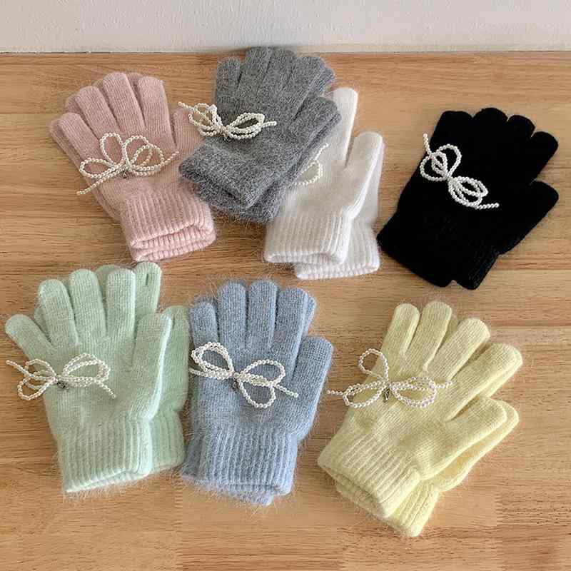 Gloves - 手袋 レディース ニット手袋 秋冬 暖かい 防寒 スマートフォン対応 指なし手袋 パール風 蝶結び かわいい ガーリー 白 ホワイト グレー ブラック ミントグリーン ピンク 黄色 深灰色