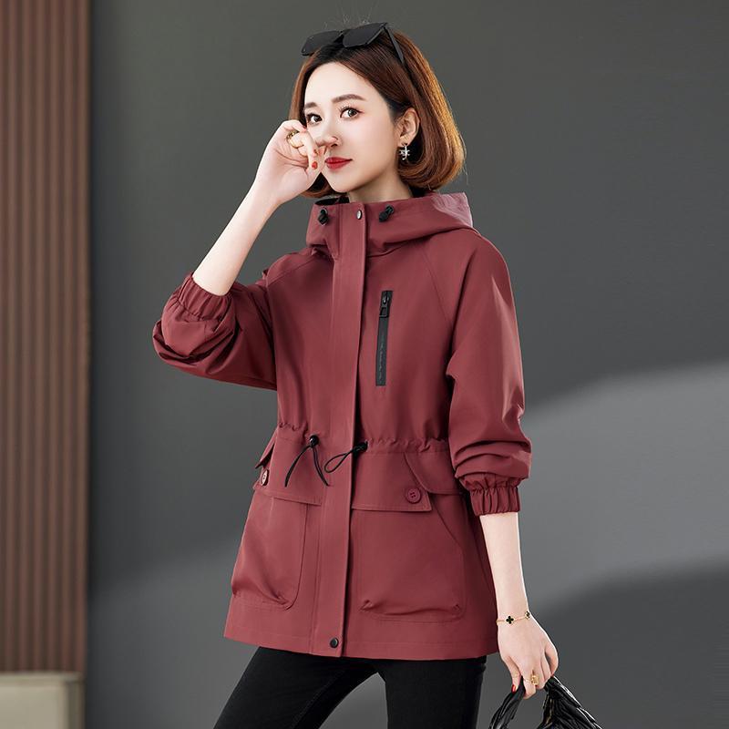 コート レディース スプリングコート ポリエステル ゆったりシルエット フード付き カジュアル 通勤 ミドル丈 ギャザー ウエストマーク 調整可能 2色