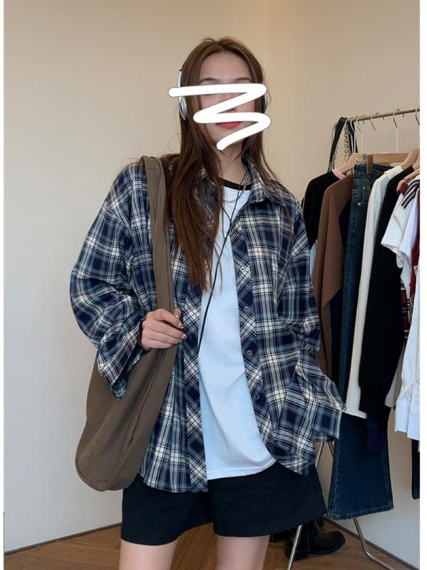 シャツ レディース 格子柄 コットン 長袖 POLO襟 カーディガン ミドル丈 紺色系 ゆったり 文芸風 レトロ 通勤用 普段使い