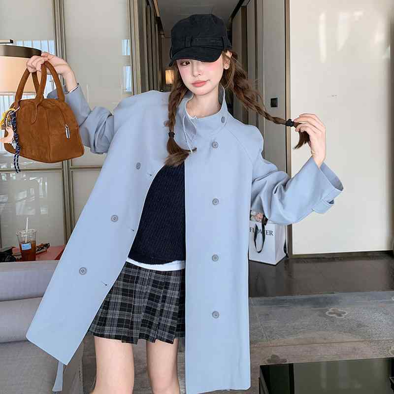 トレンチコート レディース 韓国風 立襟 ドローストリング ウエストマーク 体型カバー ゆったりシルエット カジュアルスタイル ポリエステル ブルー カーキ