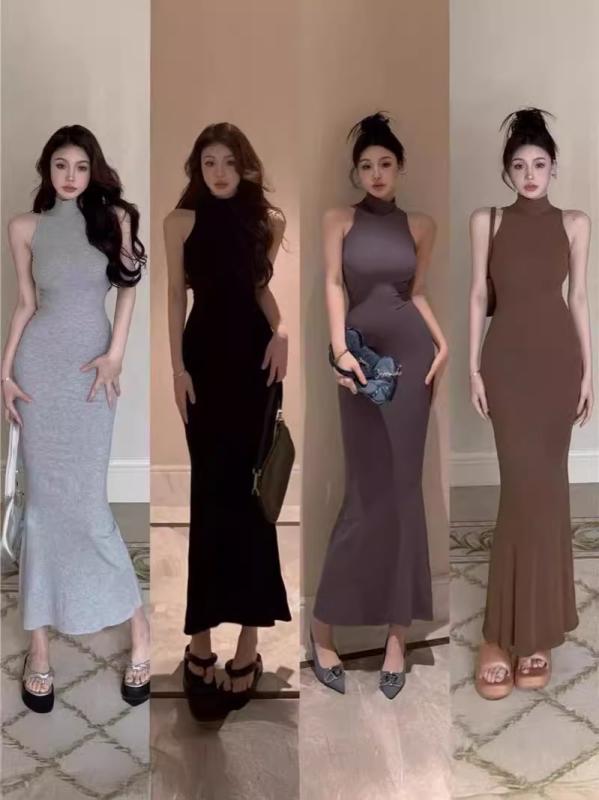 ワンピース レディース 韓国風 サマー ノースリーブ デザイン タイト スリム フィッシュテール ロングスカート ポリエステル ブラック 無地 高見え きれいめ 通勤