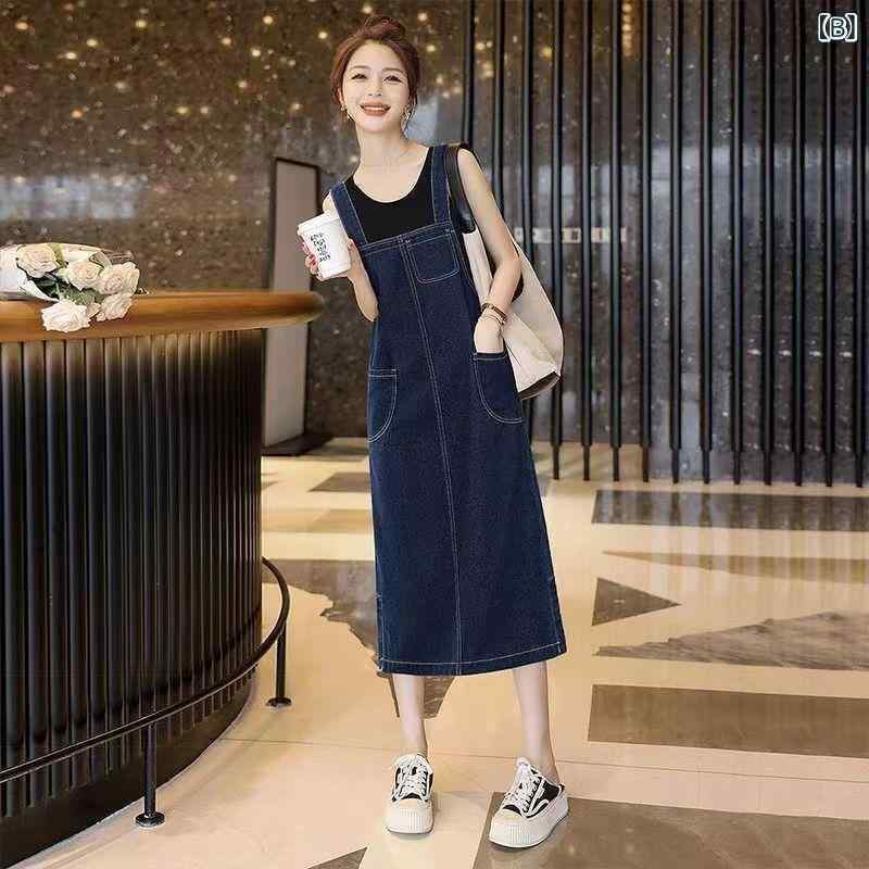 ワンピース レディース デニム ジャンパースカート ミモレ丈 ノースリーブ ゆったり かわいい 韓国 ファッション 春夏 浅藍色