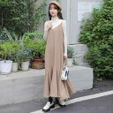 ワンピース レディース 春 Aライン 裾フリル Vネック キャミソールワンピース ロングワンピース ゆったり 灰色 カーキ色 黒色